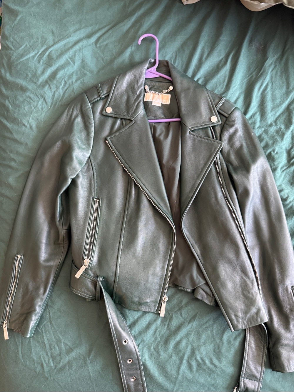 Michael Kors Womens Dark Green Leather Moto Jacket with Belt